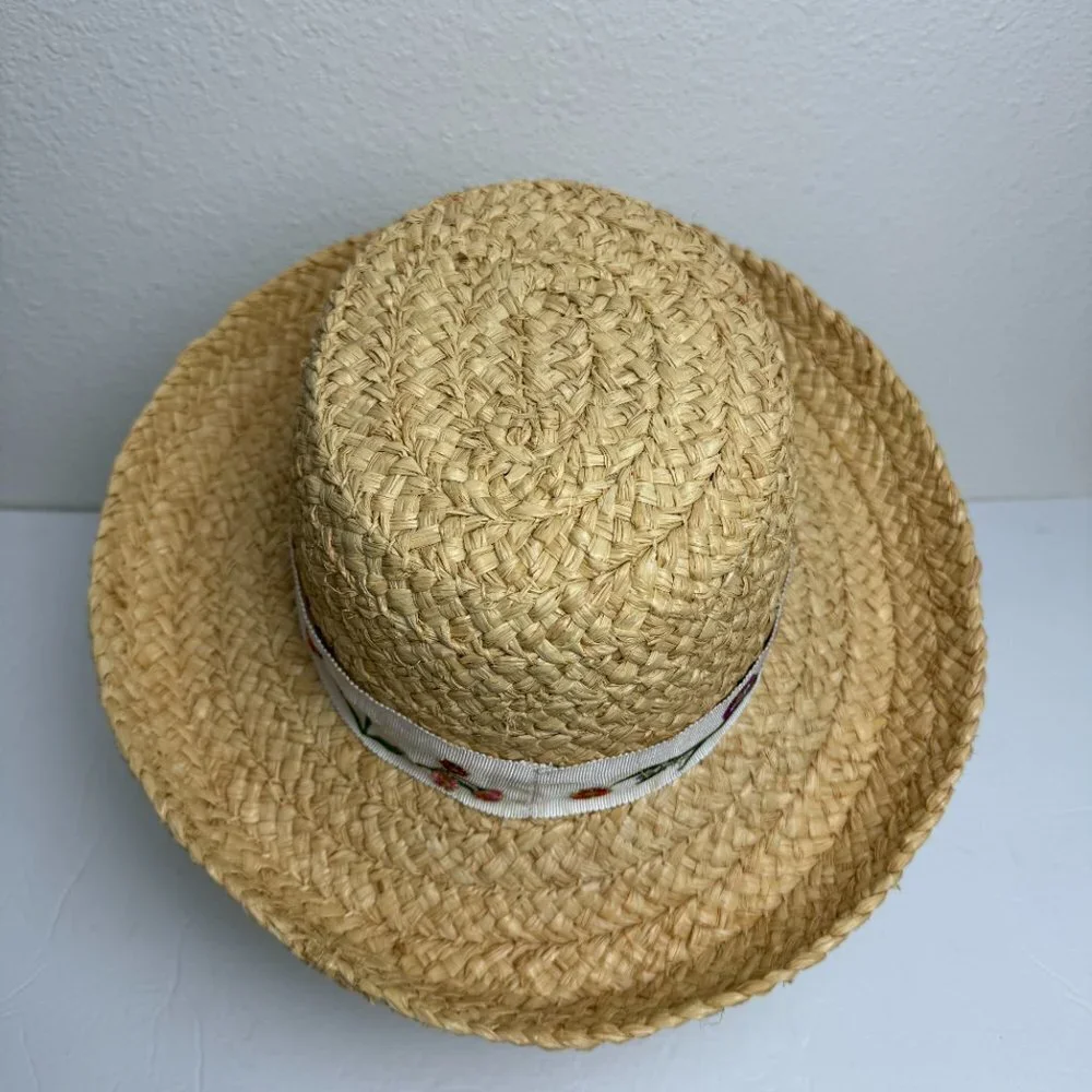 Liz Claiborne Woven Straw Raffia Sun Garden Beach Hat Natural Size 23